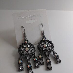 Women's Earrings Dangle Black with Clear Crystals Fish Hook Fashion NWOT